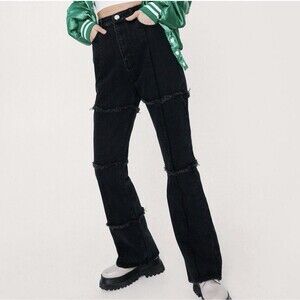 Nasty Gal Frayed Seams Distressed Black Flare Denim Jeans Women Sz 4